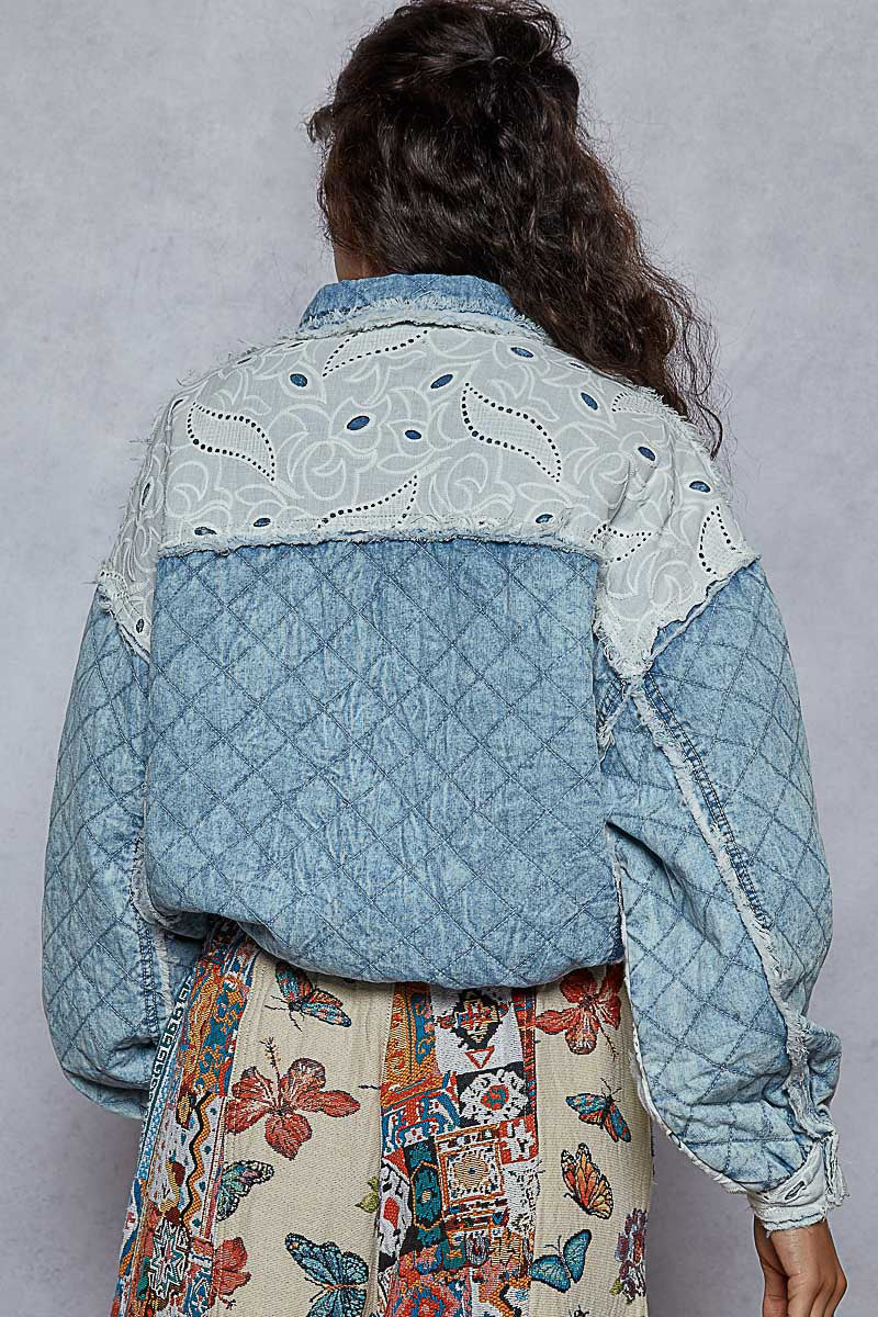 Pol Balloon Sleeve Denim Quilting With Drawstring Waist Jacket
