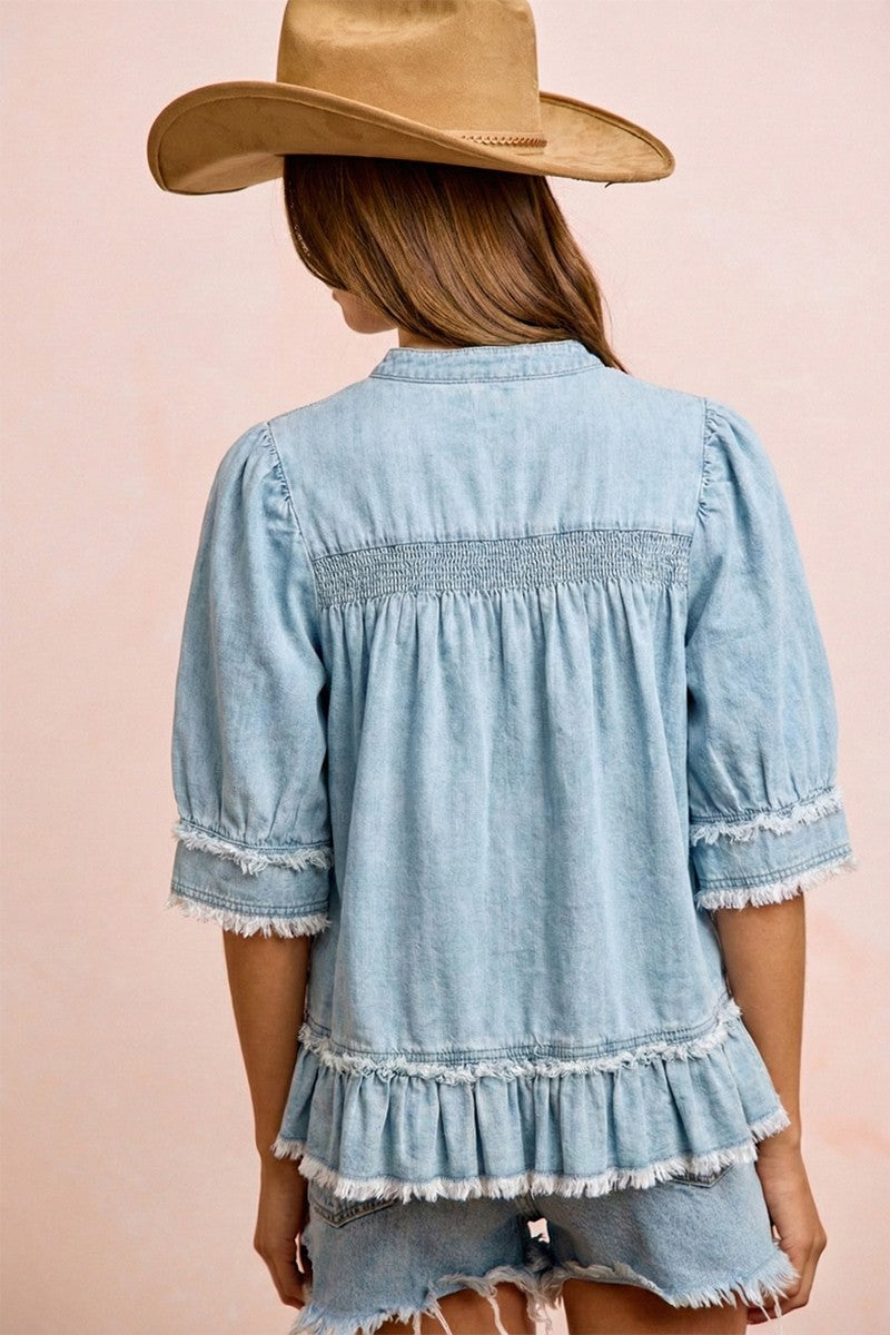 Bibi Light Denim Smocked Ruffled Hem Top