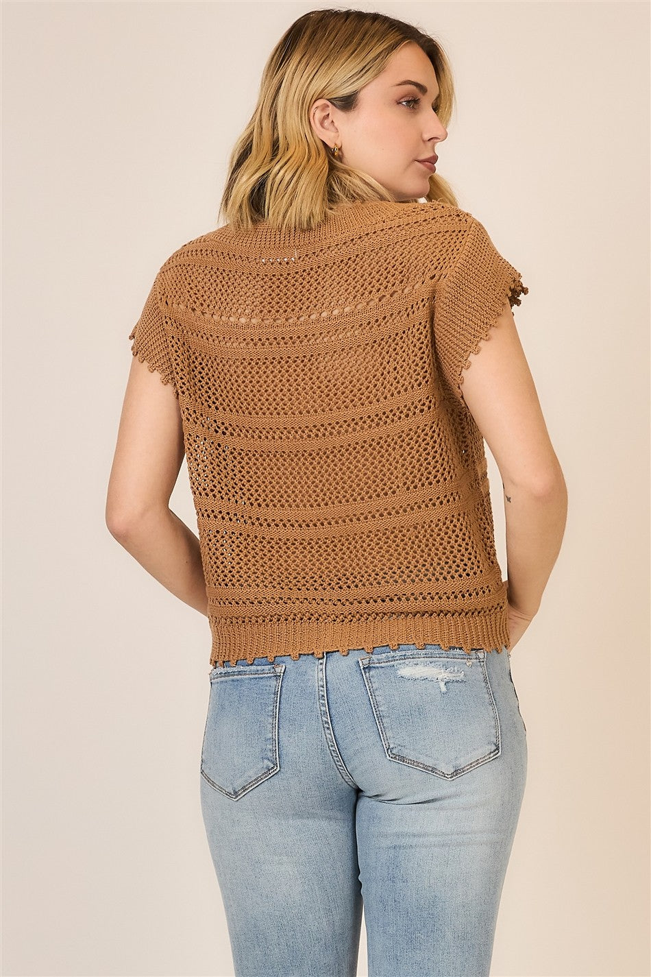 Cozy Co. Open Knit Ruched Center V Neck Top