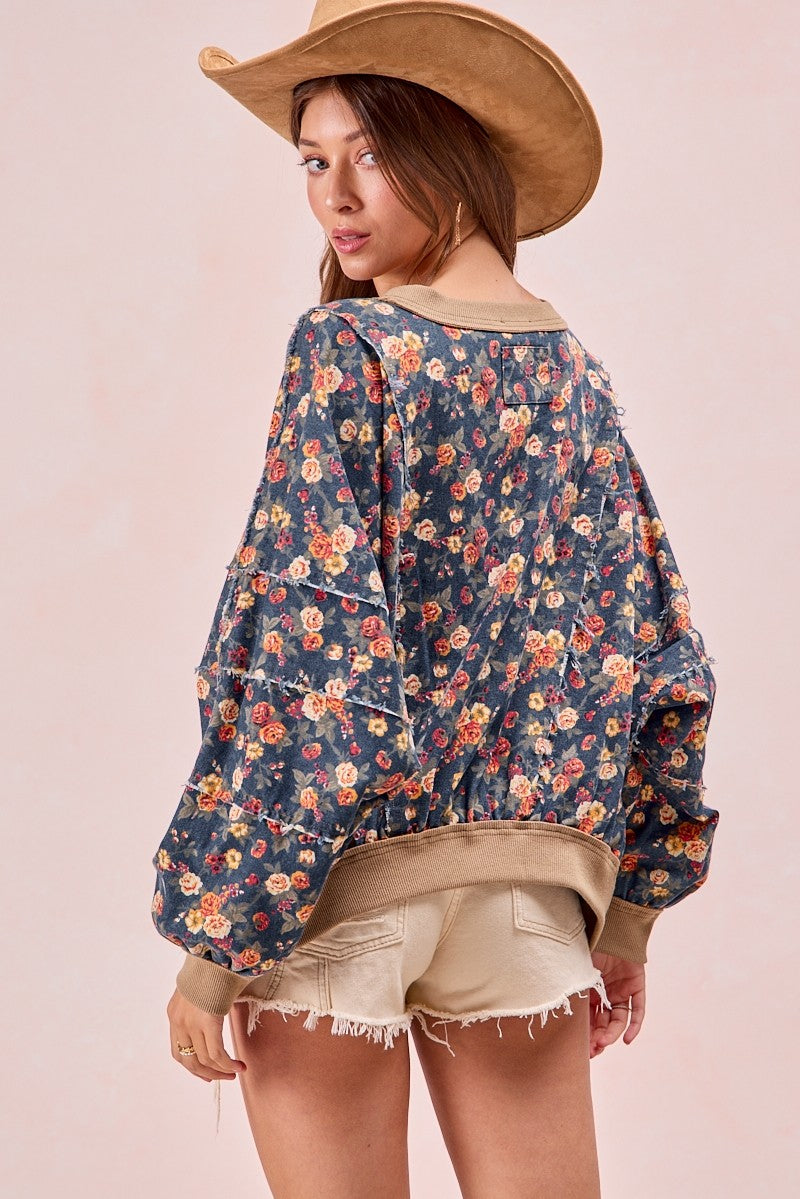 Bibi Floral Denim Frayed With Rib Band Top