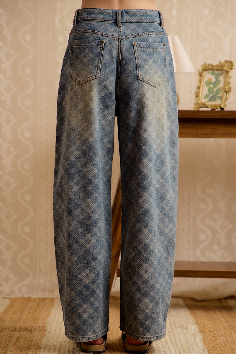 Bibi Plaid Denim Wide Leg Pants