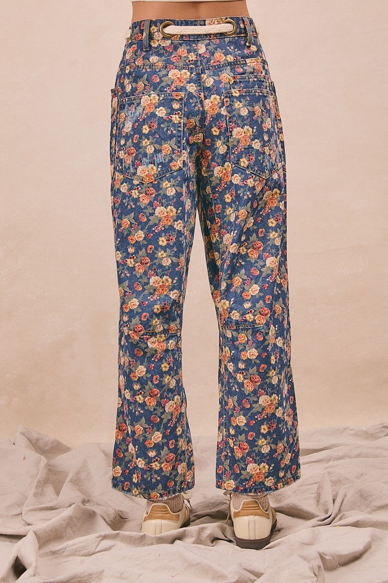 Bibi Denim Ditsy Printed Braided Waist Bel Pants