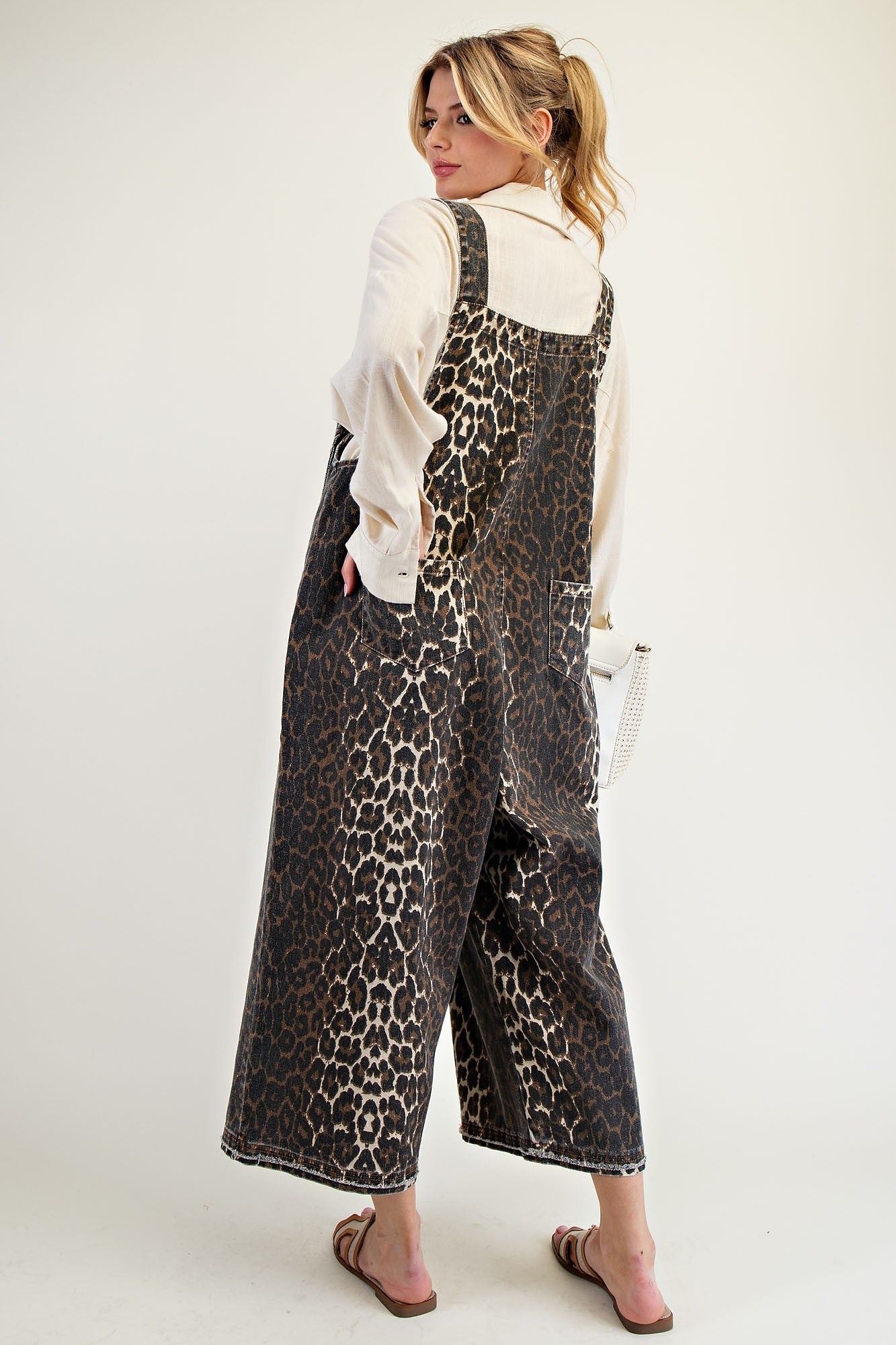 Easel Animal Print Oversized Twill Overalls