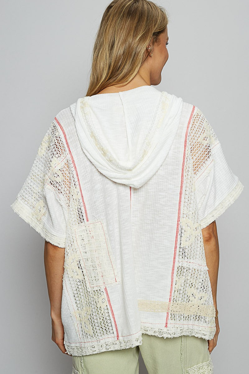 POL V-Neck Hoodie Rib Lace Detail Top