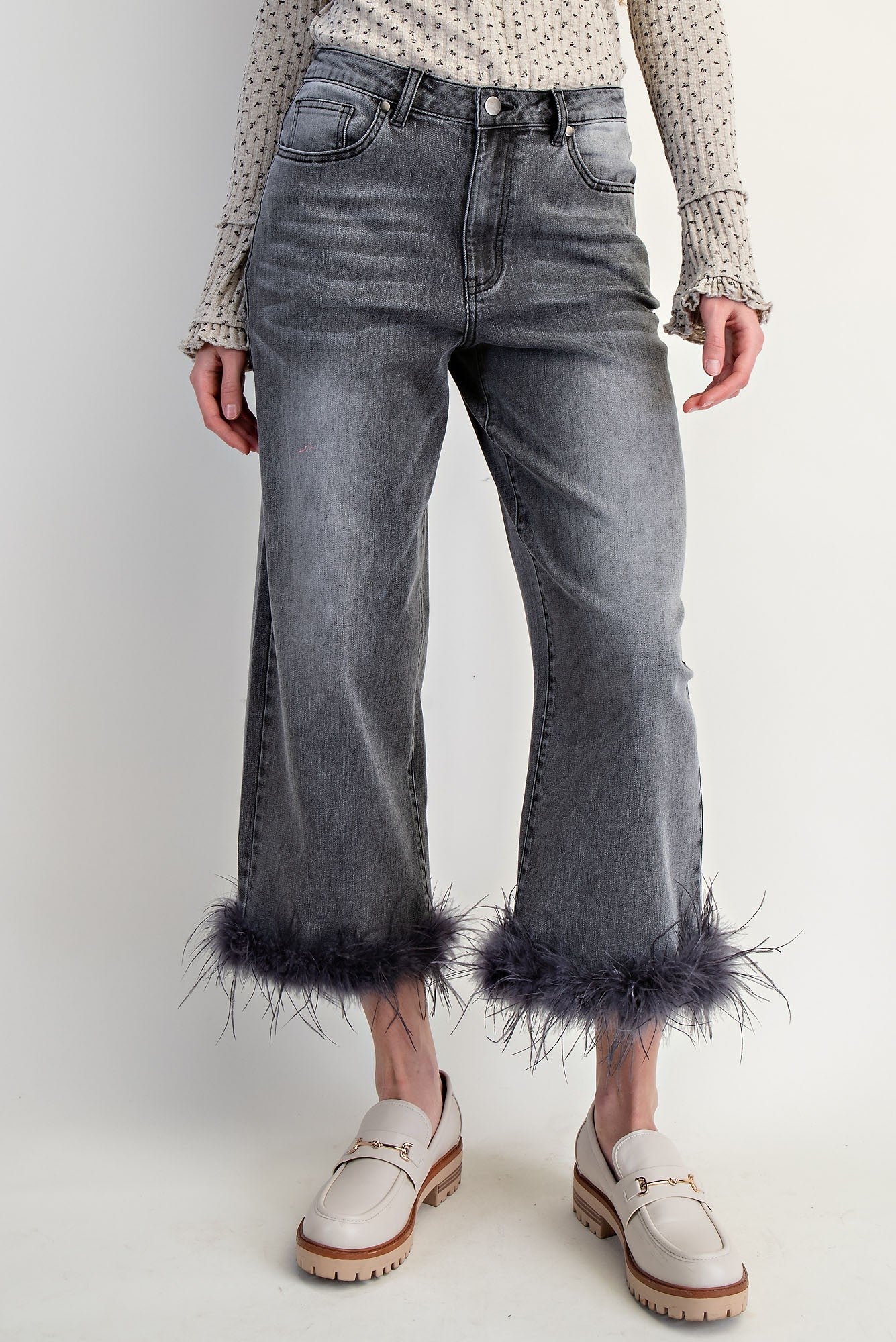 Easel Fur Bottom Hem Stretch Denim Pants