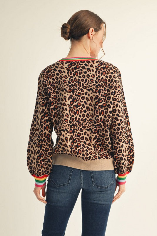Jodifl Animal Print Sweater With Multi color neck & Cuff