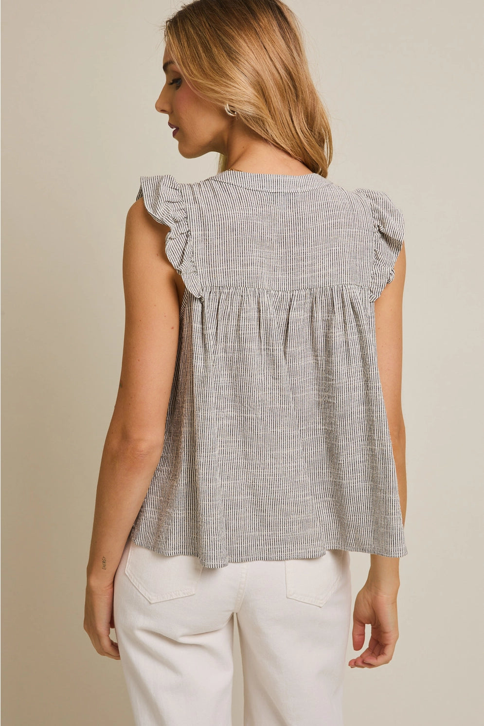 Gilli Round Neck Button Up Ruffle Sleeve Top