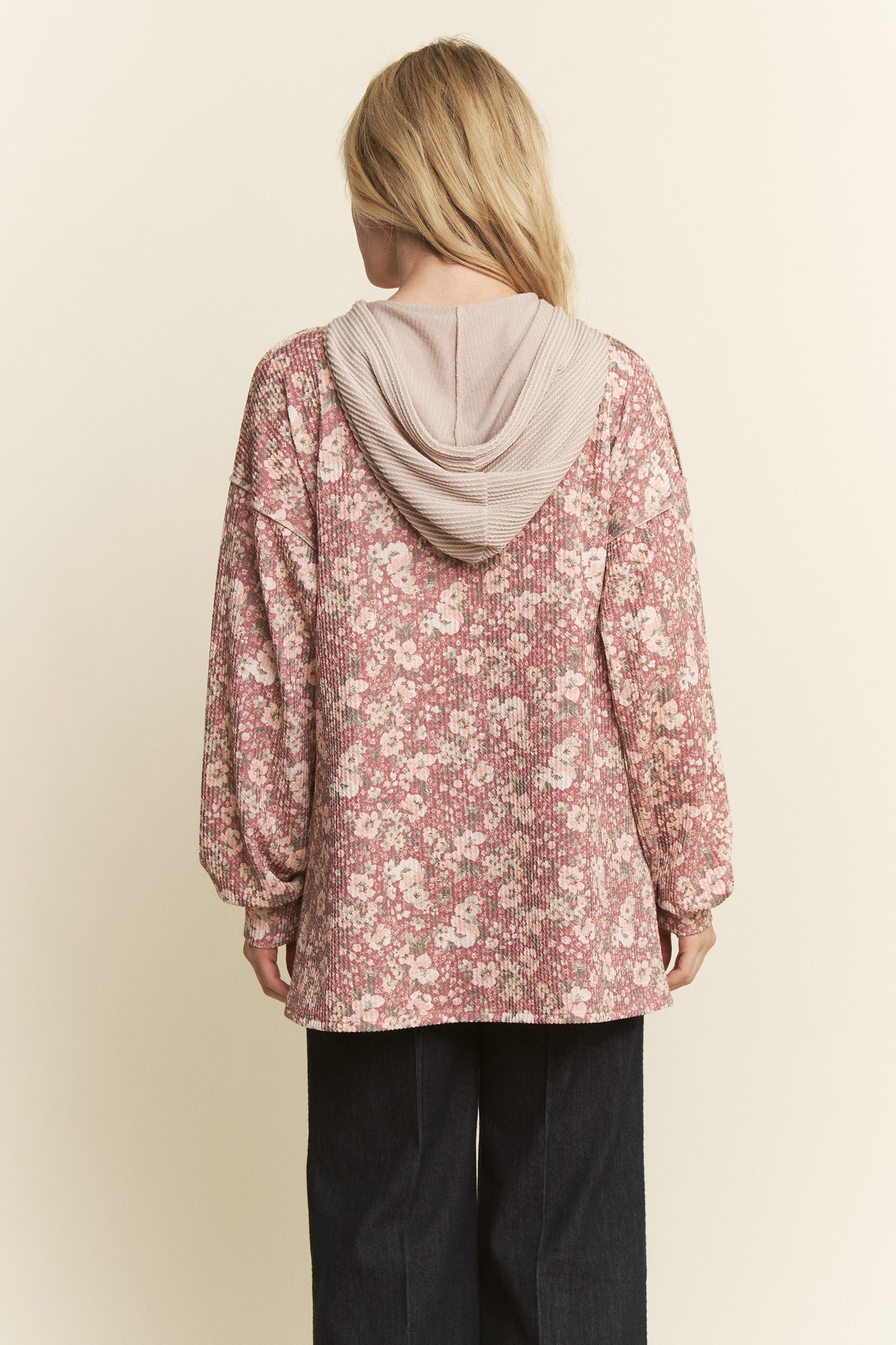 Heimish Floral Urban Rib Print Hooded With Button Detail