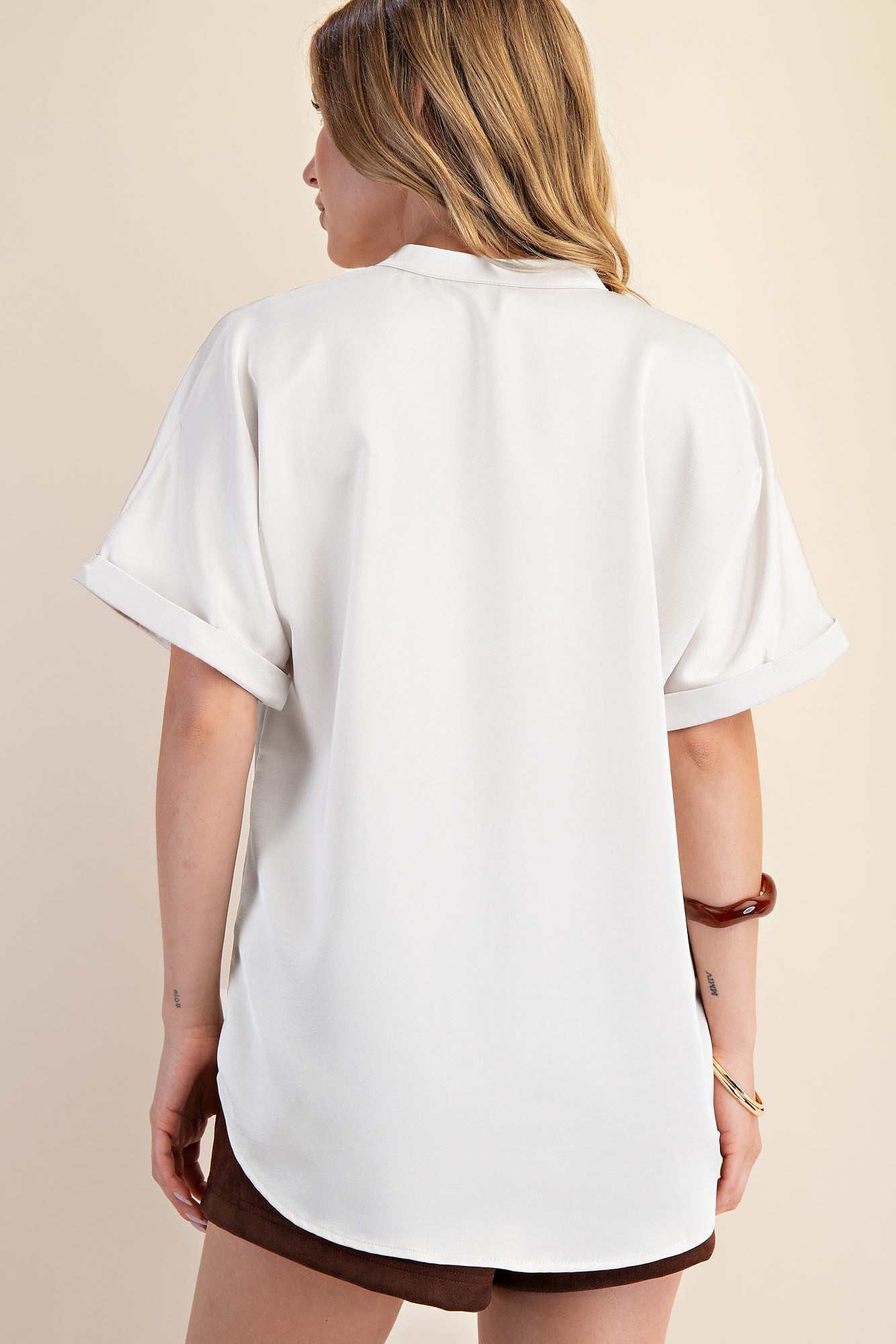 Glam V-Neck Placket Cuffs Sleeve Top