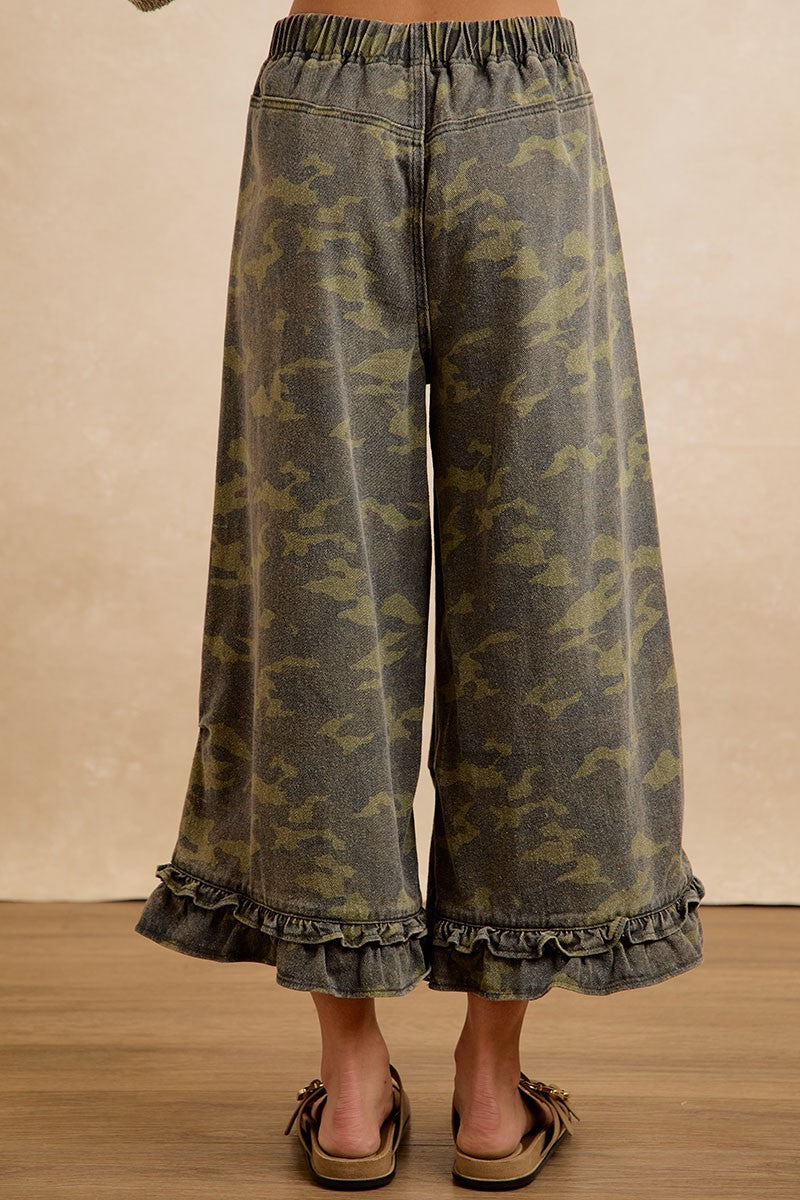 Bibi Camouflage Printed Denim Ruffled Hem Bloomer Pants