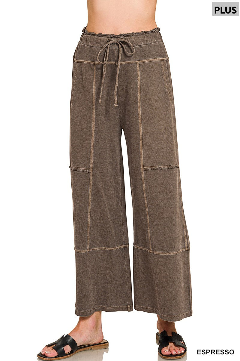 Zenana Plus Size French Terry Exposed Seam Wide Leg Pants