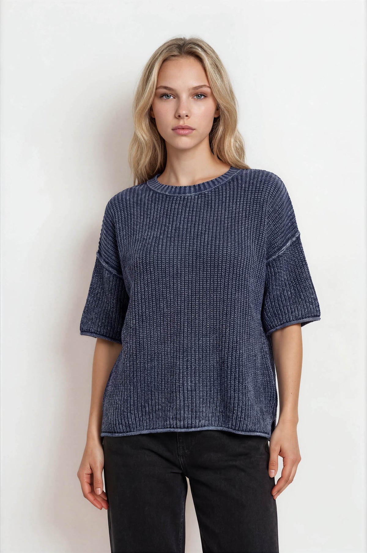 Blu Pepper Crew Neck Short Sleeve Drop Shoulder Raw Edge Sweater