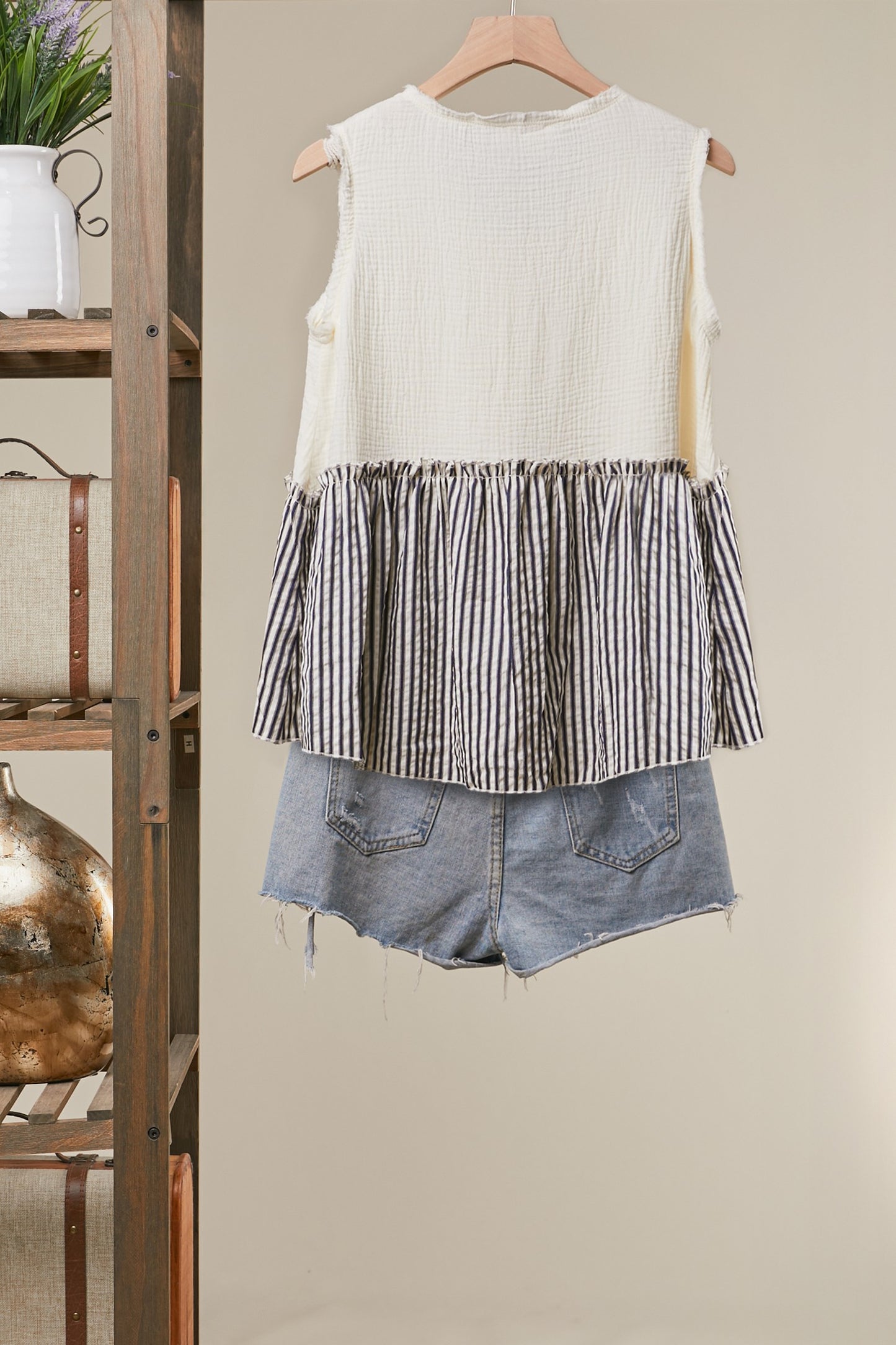 Mello Striped Tiered Button Sleeveless Top