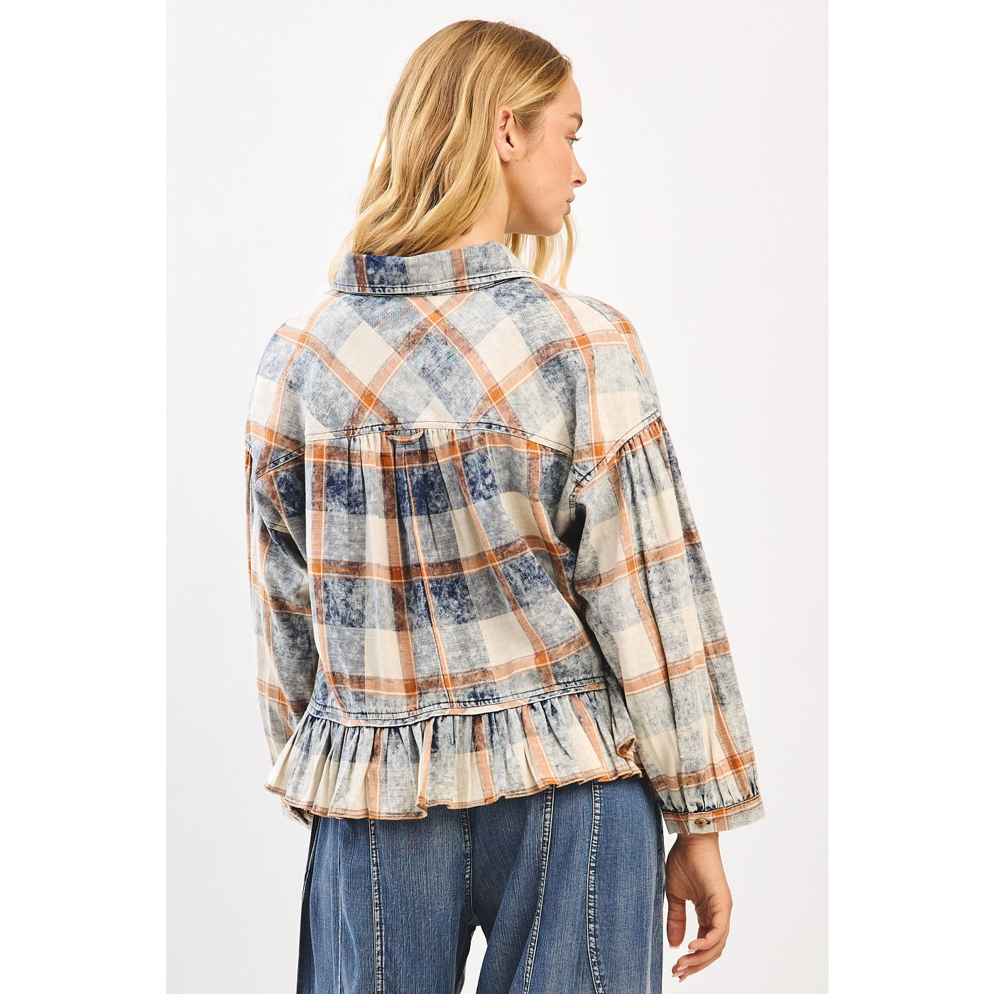 Mittoshop Washed Plaid Ruffle Hem Balloon Sleeve Shirt