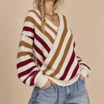 J.NNA Diagonal Stripe V Neck Front & Back Long Sleeve Sweater