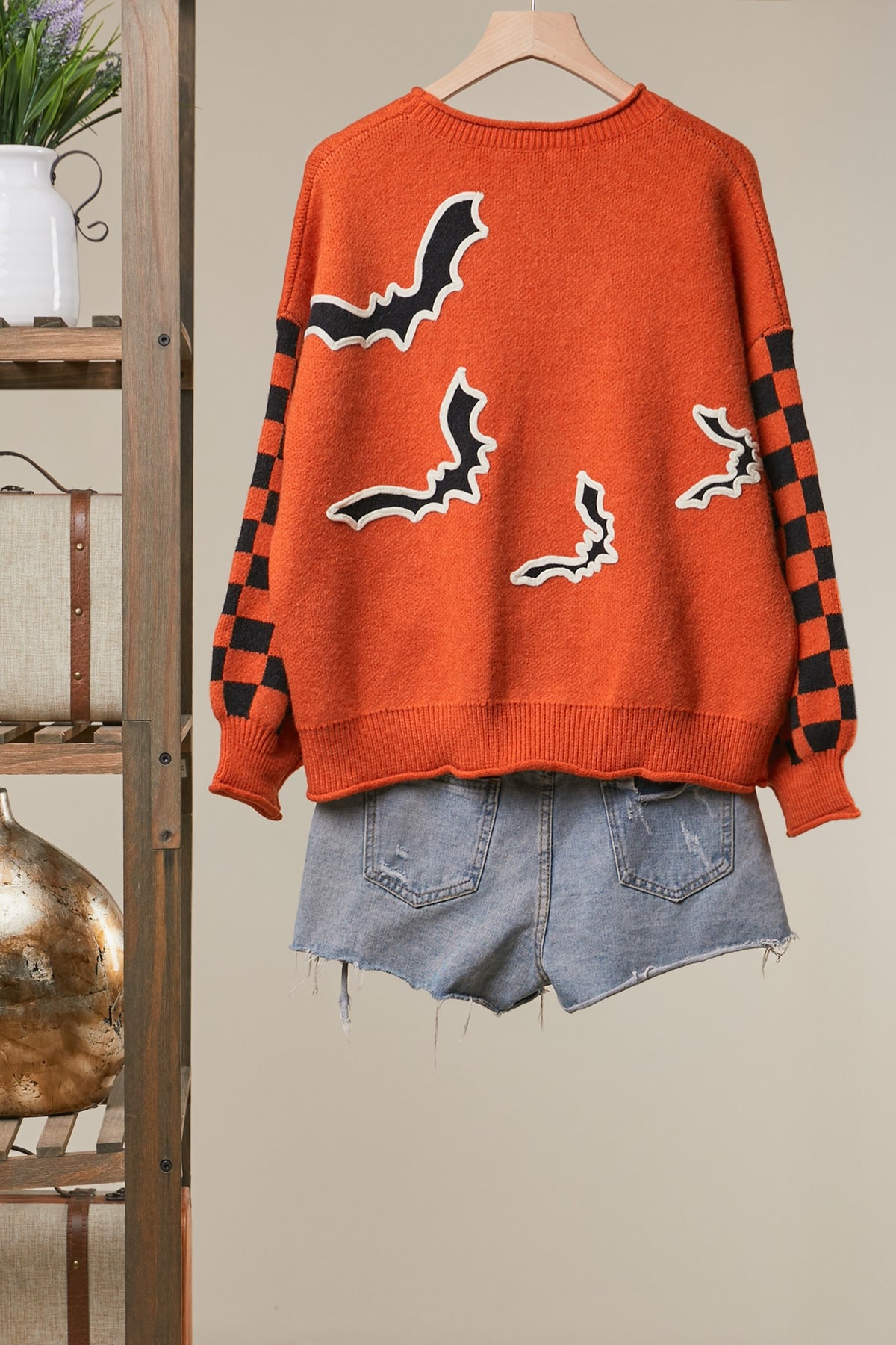Mello Checkerboard Sleeve Bat Sweater