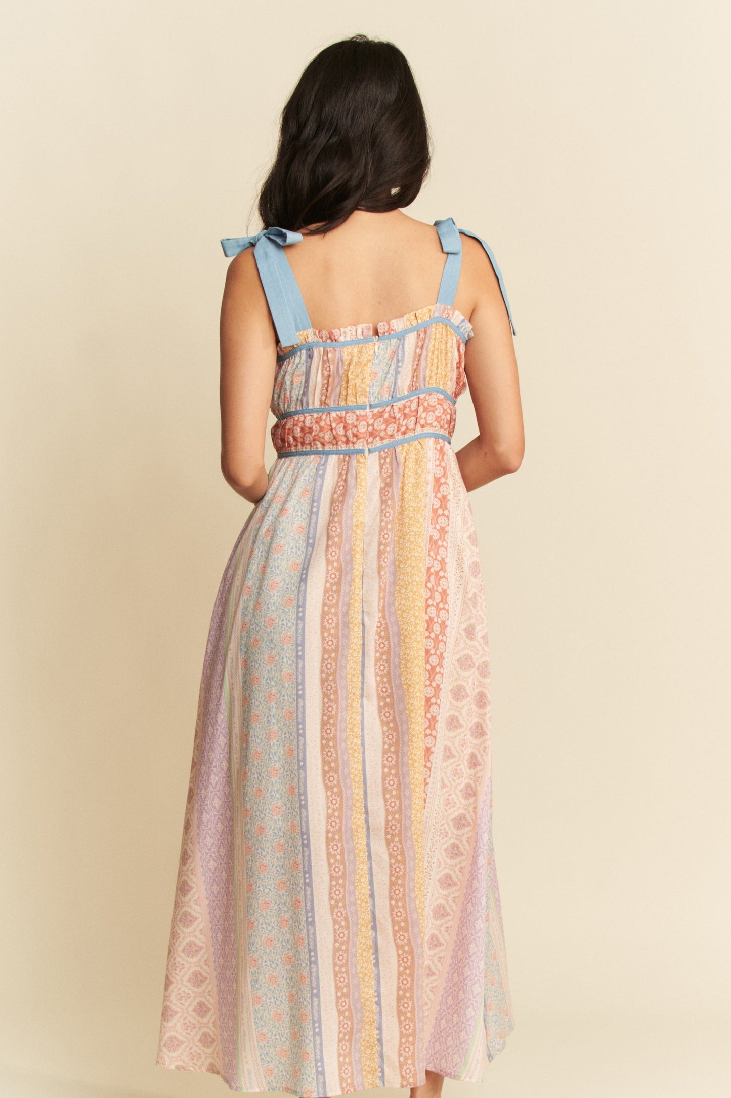 Davi & Dani Denim Contrast Ruffle Trim Striped Midi