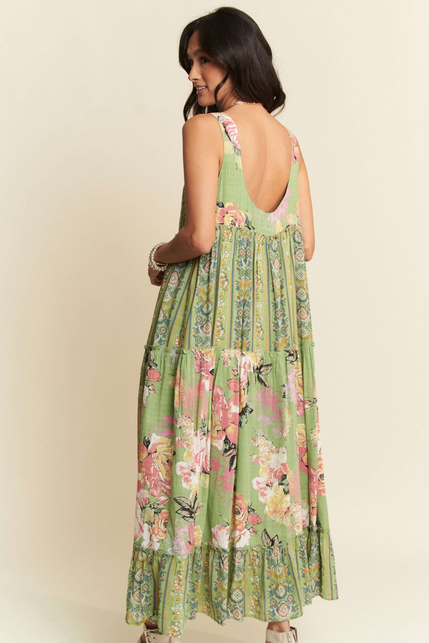 Davi & Dani Floral Boho Stripe Mixed Long Dress