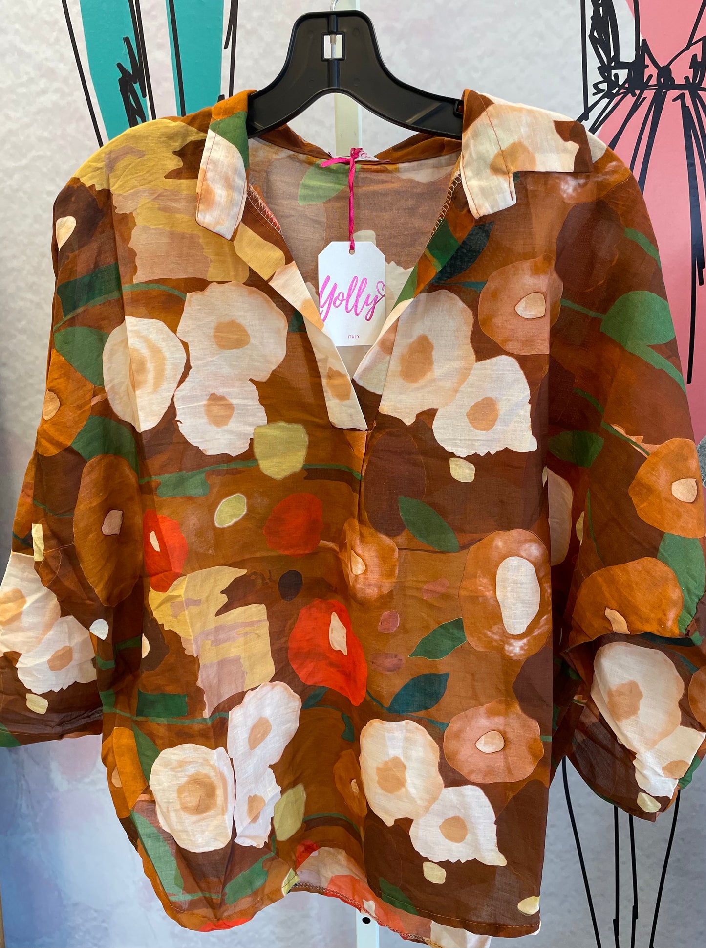 Yolly Drop Sleeve V-Neck Fall Print Blouse