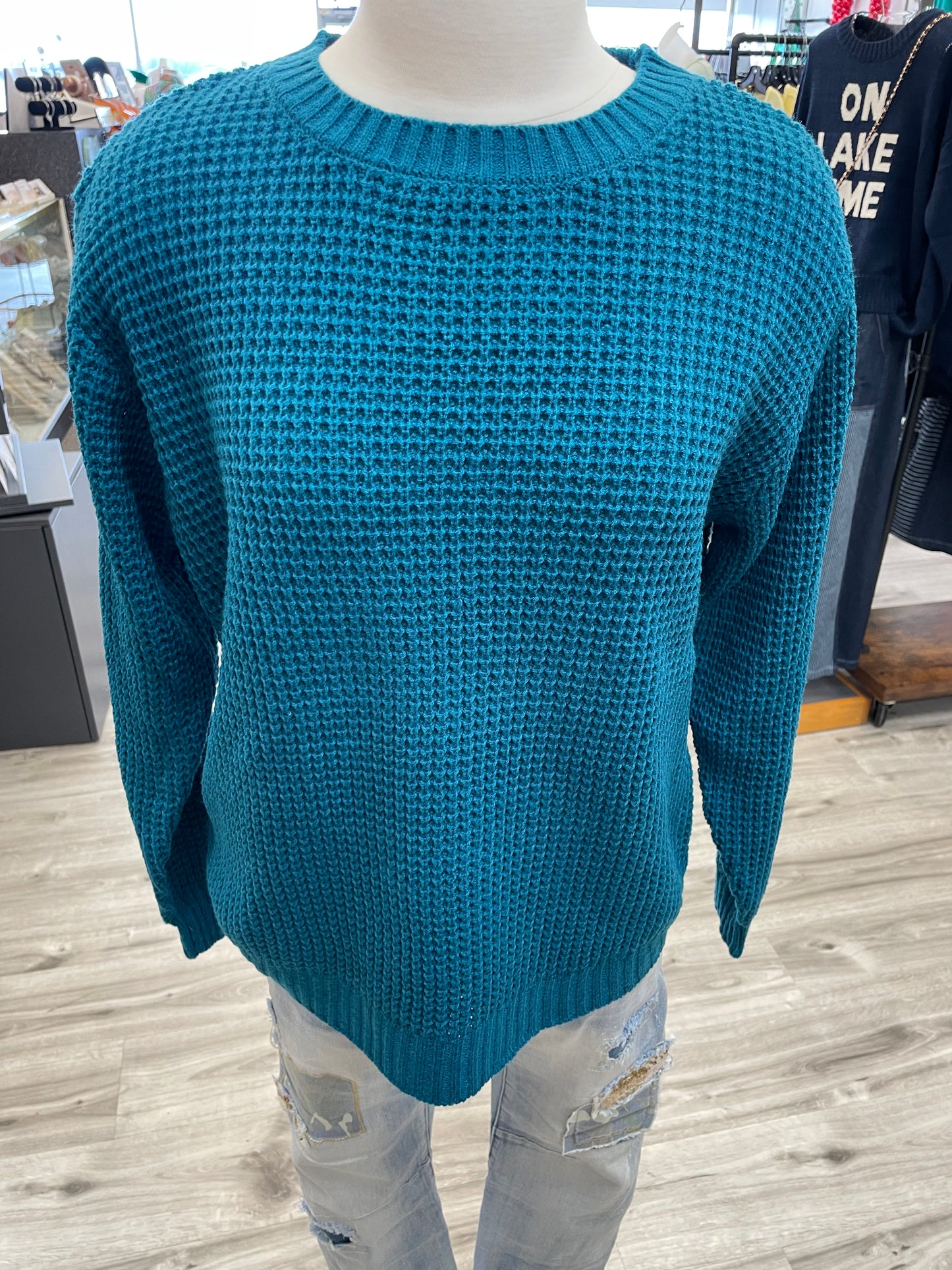 Zenana Hi-Low Round Neck Waffle Sweater