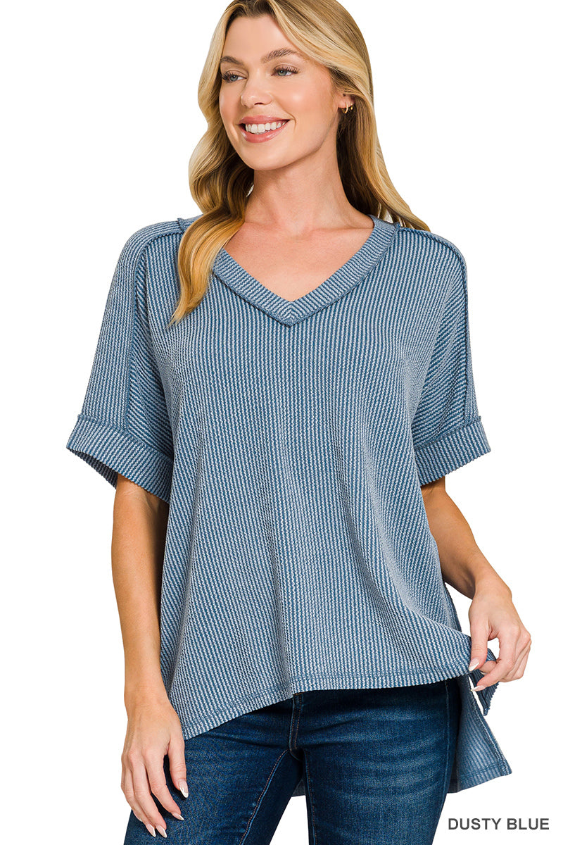 Zenana Raised Rib Short Sleeve Hi-Low V-Neck