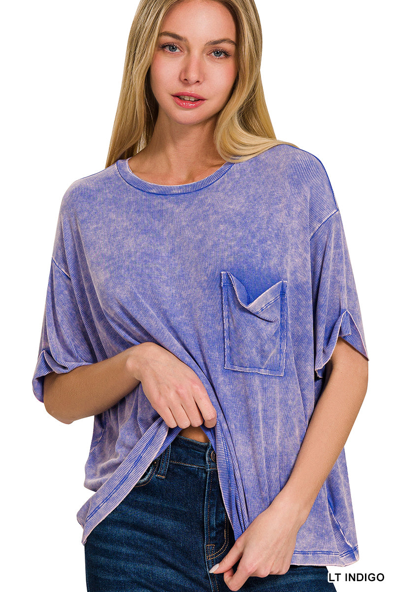 Zenana Ribbed Cuffed Short Sleeve Round Neck Top