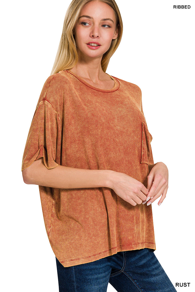 Zenana Ribbed Cuffed Short Sleeve Round Neck Top