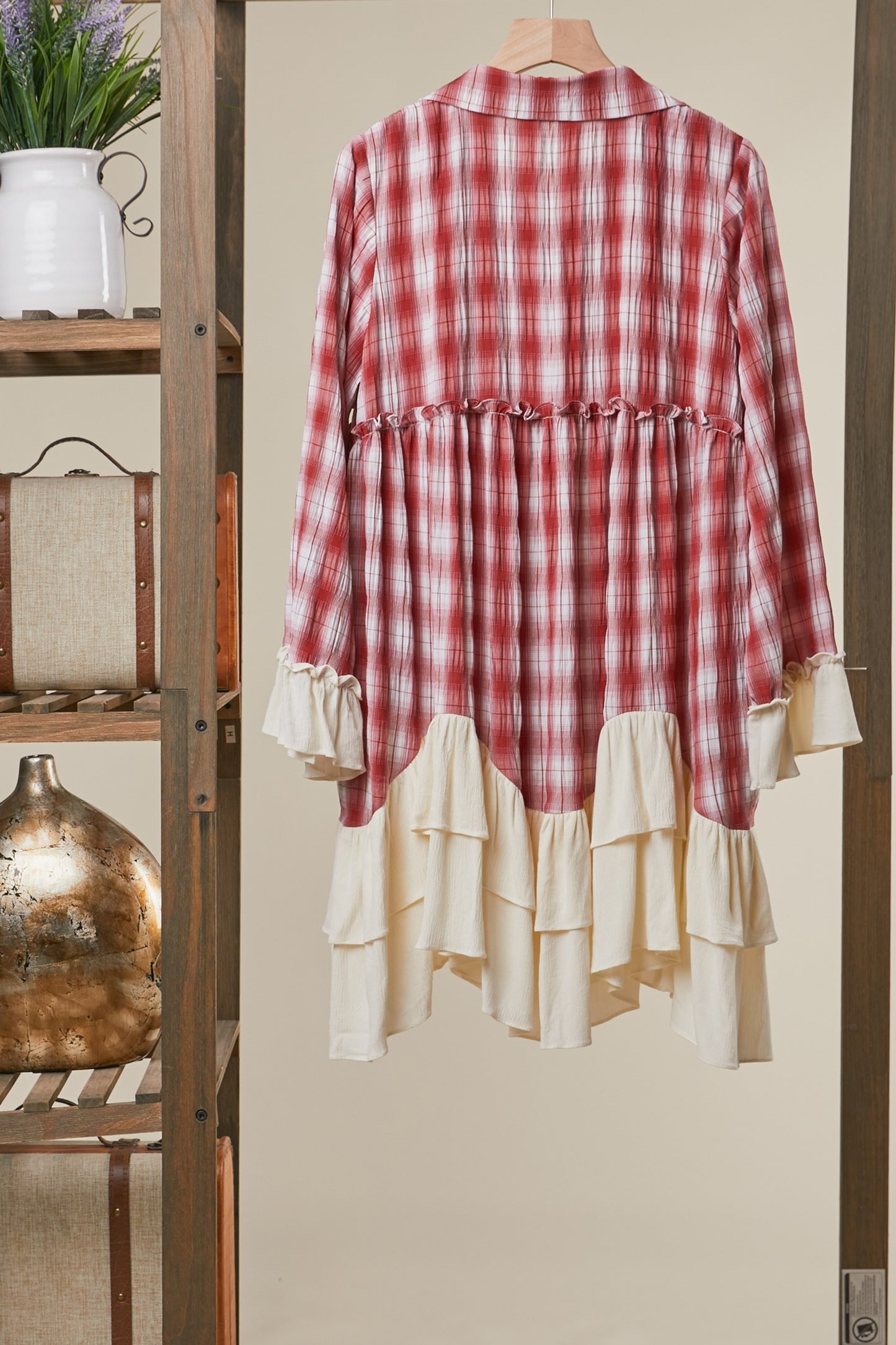 Mello Boho Ruffled Plaid Button Down Shirt Dress