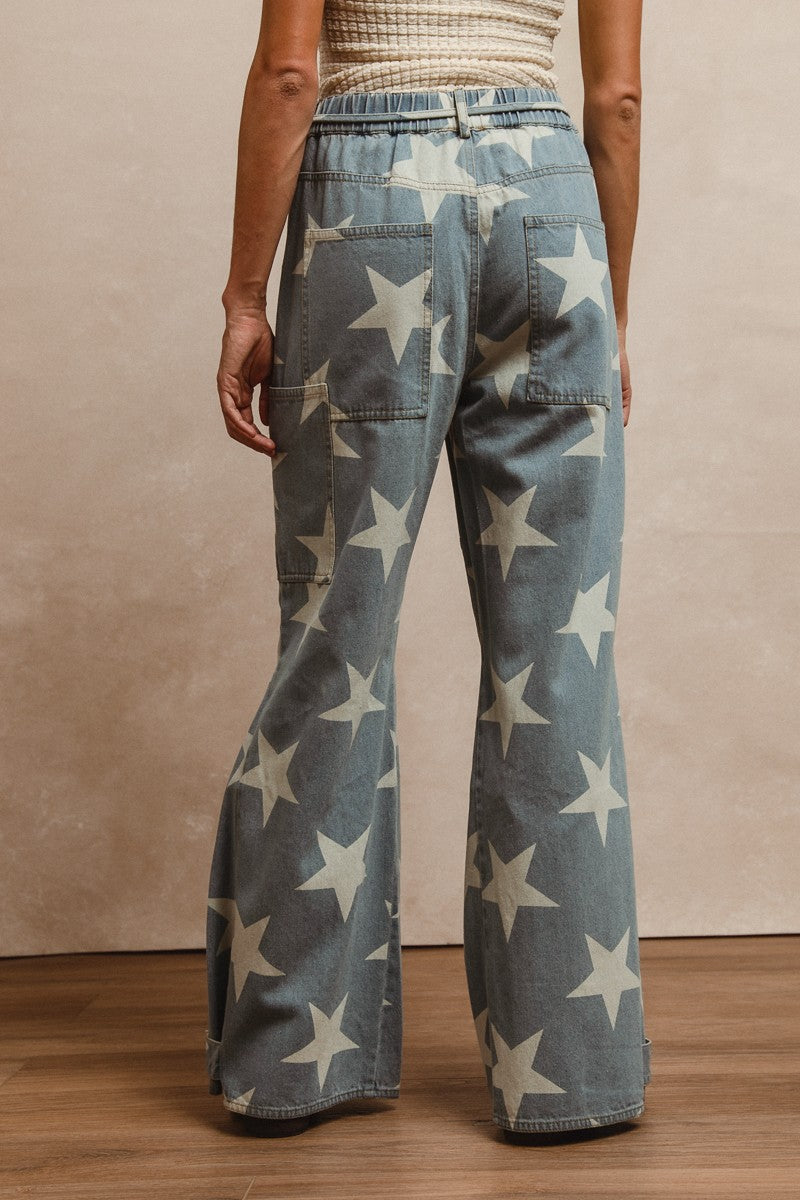 Bibi Washed Star Denim Waist Tie Pants