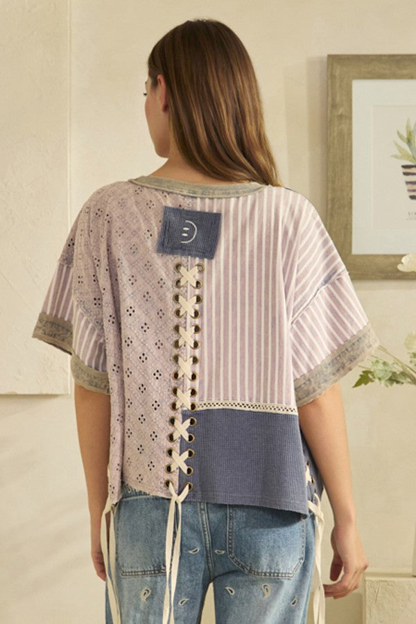 Oli & Hali Crochet Stripe Mix Lace Up Side & Back Top