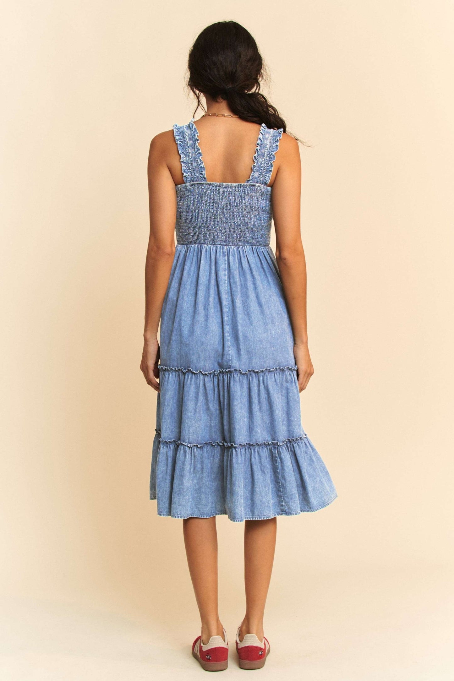 Davi & Dani Denim Smocking Bodice Tiered Midi Dress