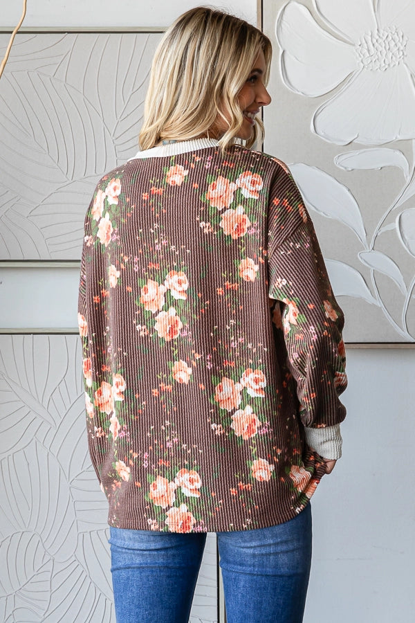 7th Ray Cozy Floral Drop Shoulder Top