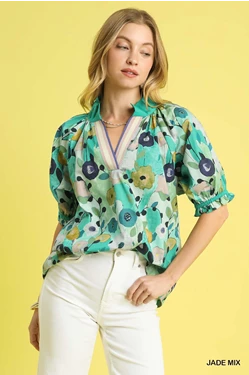 Umgee Floral Split Neck Puff Sleeve Top