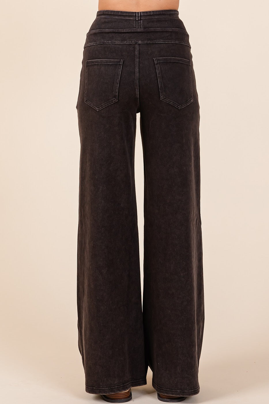 Mittoshop Washed Denim Elastic Waistband Wide Leg Pants