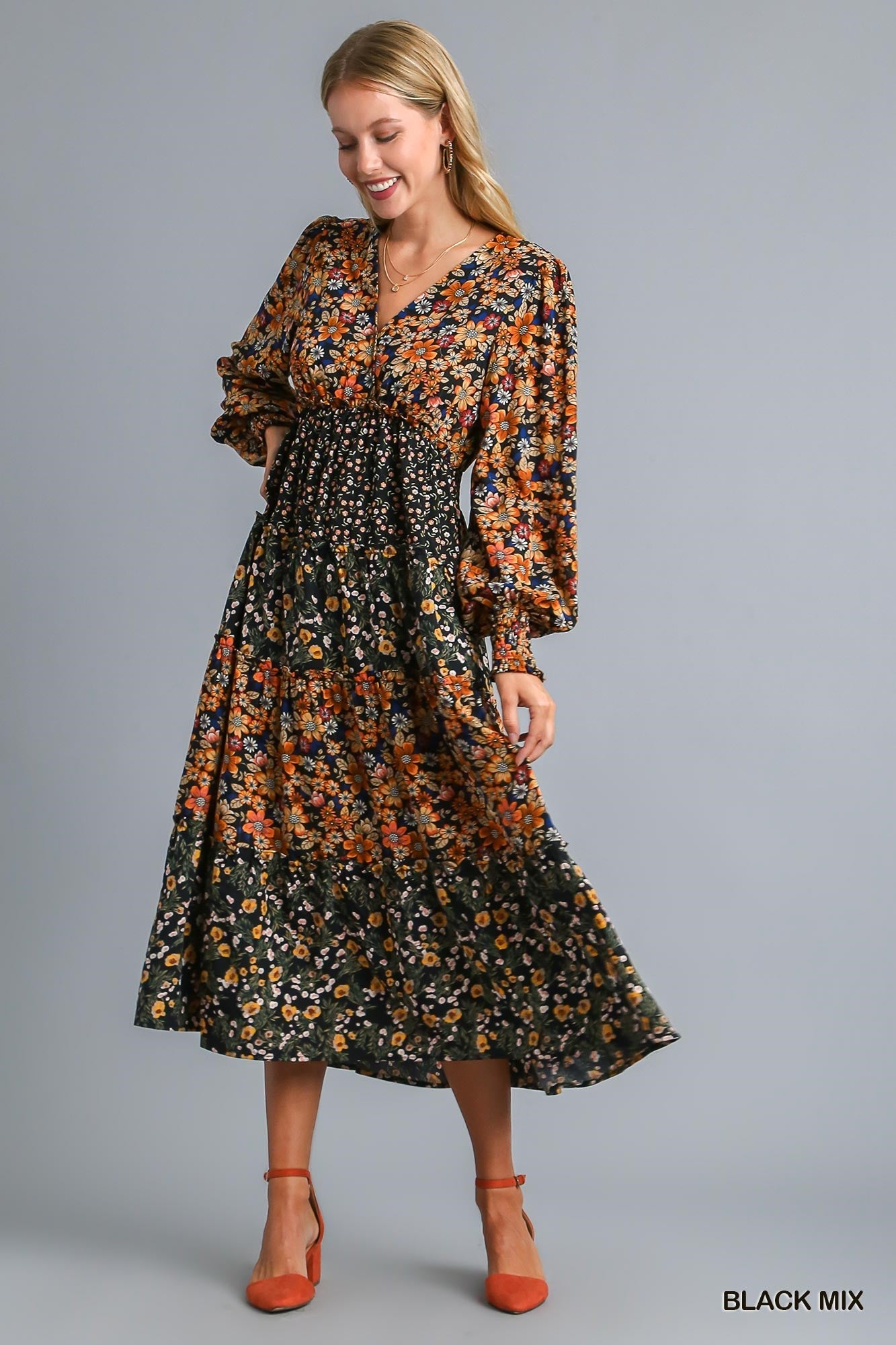 Umgee V Neck Floral Print Midi Dress 1X / Black Mix Umgee V Neck Floral Print Midi Dress 1X / Black Mix