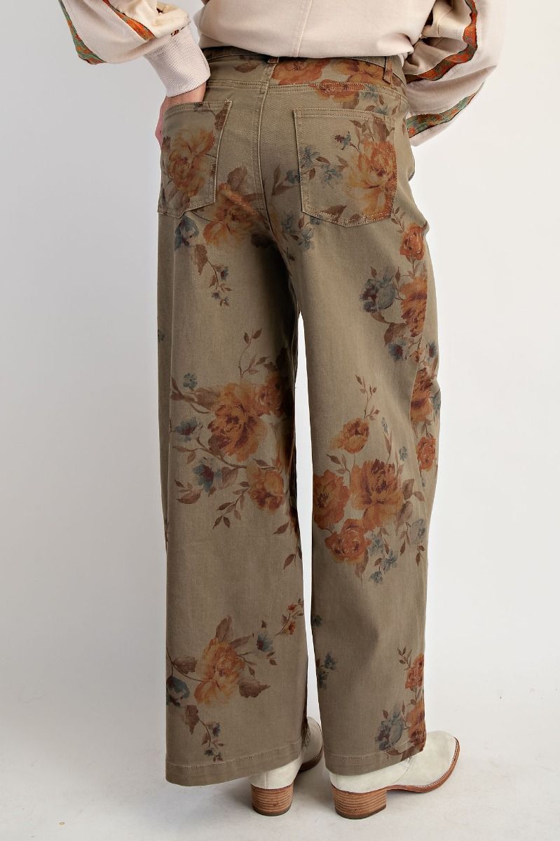Easel Flower Print Stretch Twill Wide Leg Pants