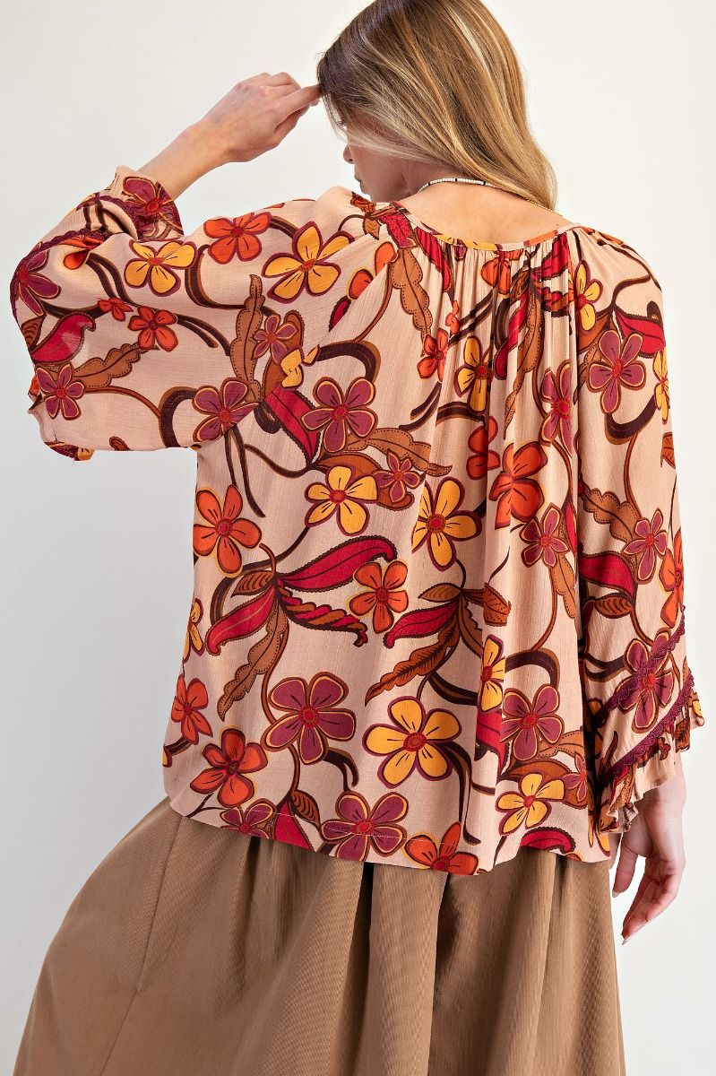 Easel Floral Print Rayon Gauze Top