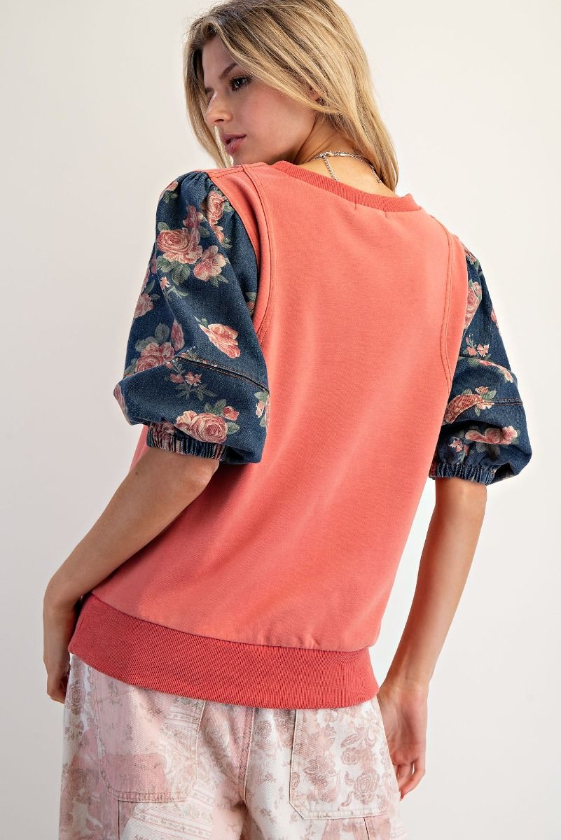 Easel Floral Denim Sleeves Terry Top