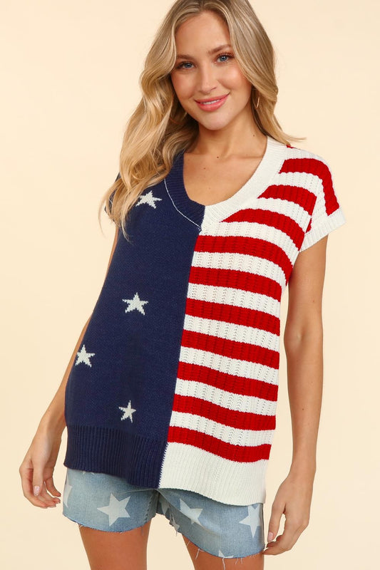 Haptics V-Neck Dolman Patriotic American Flag Knit Top