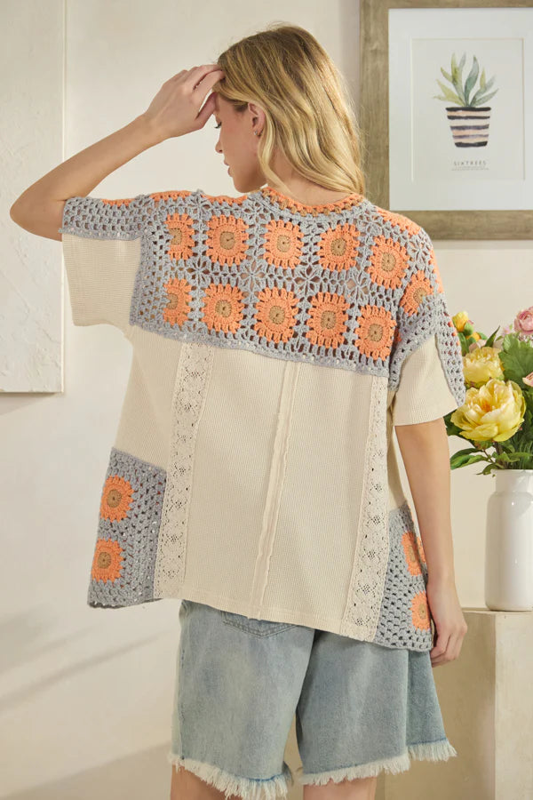 Oli & Hali Washed V-Neck Crochet Waffle Mix Top