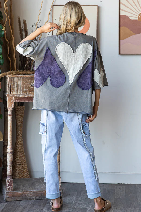 Oli & Hali Lightweight Short Sleeve Oversized Sweatshirt With Heart Patchwork