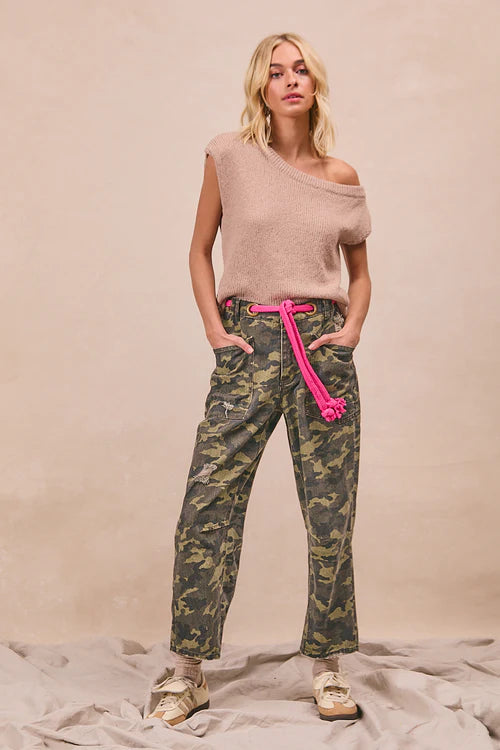 Bibi Braided Waist Belt Button Fly Patch Camo Pants