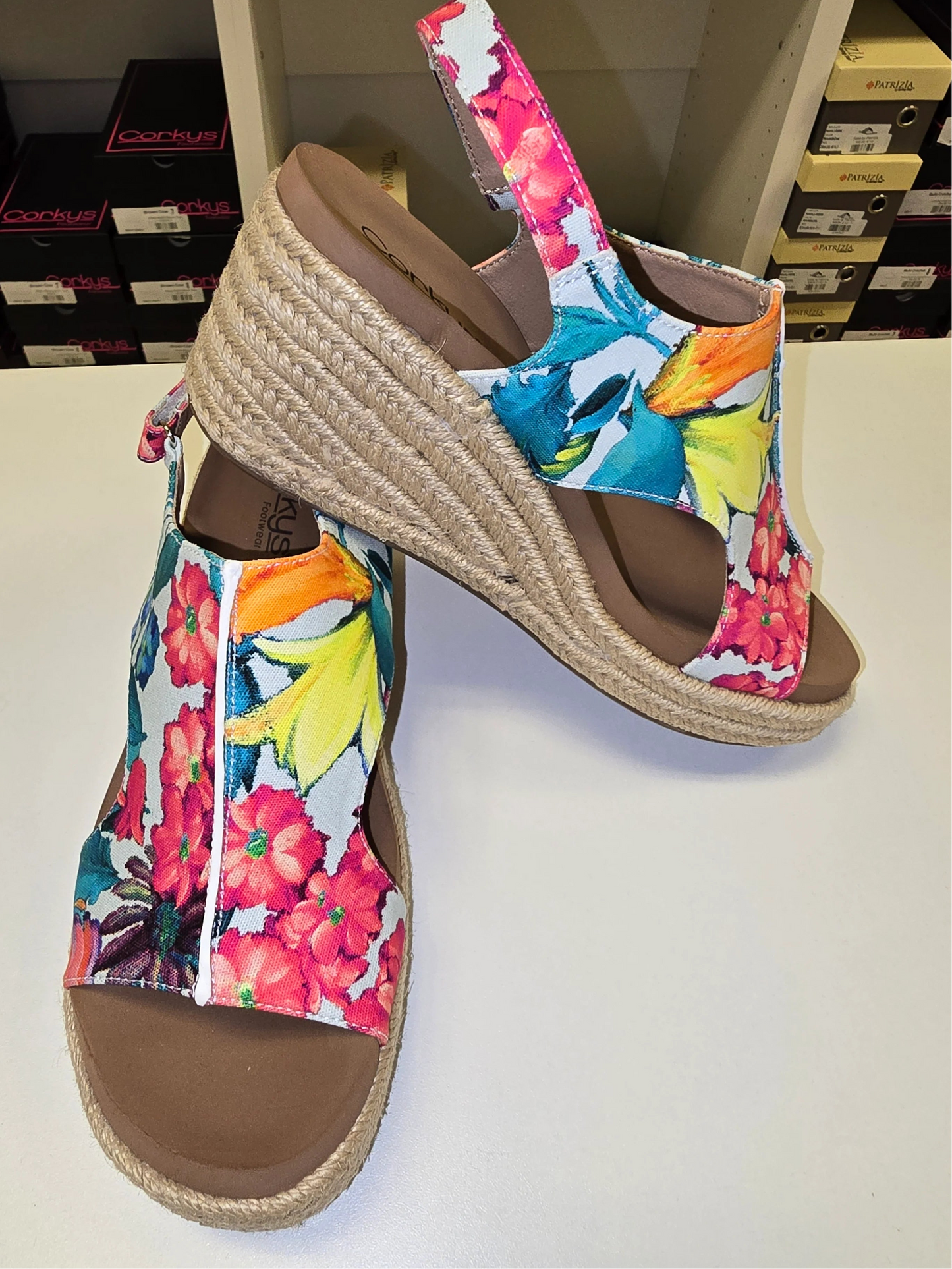 Corkys Carley White Multi Floral Jute Sandals