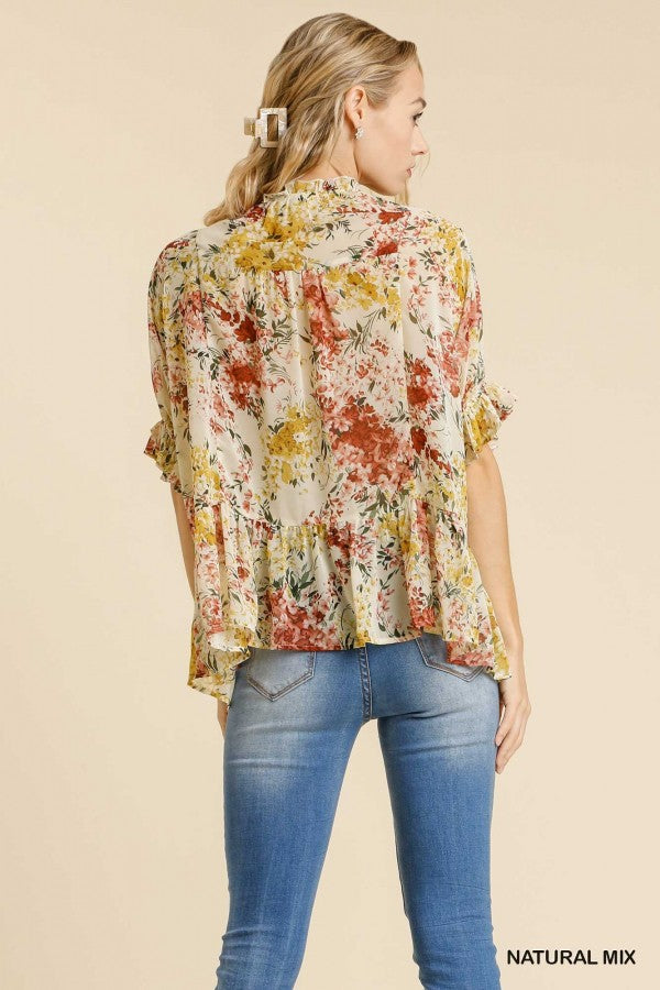 Umgee Floral Print split Neck short sleeve ruffle tiered top