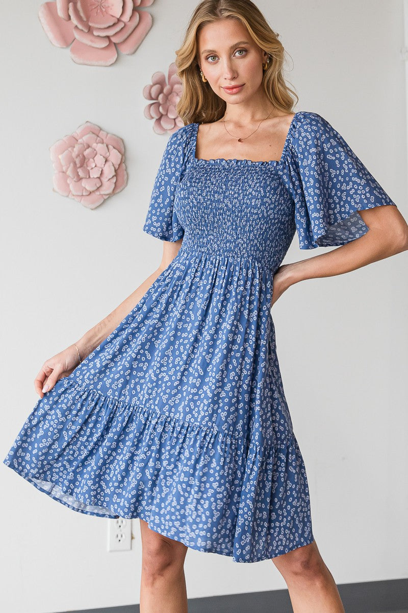 Blue Floral Smocked Dress Small Blue Floral Smocked Dress Small