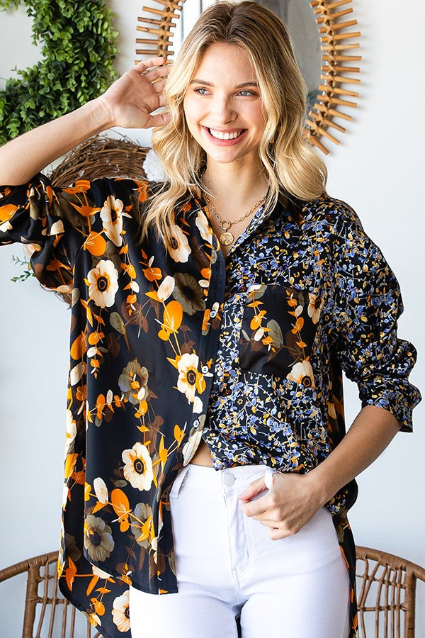 First Love Floral Block Button Down Satin Shirt