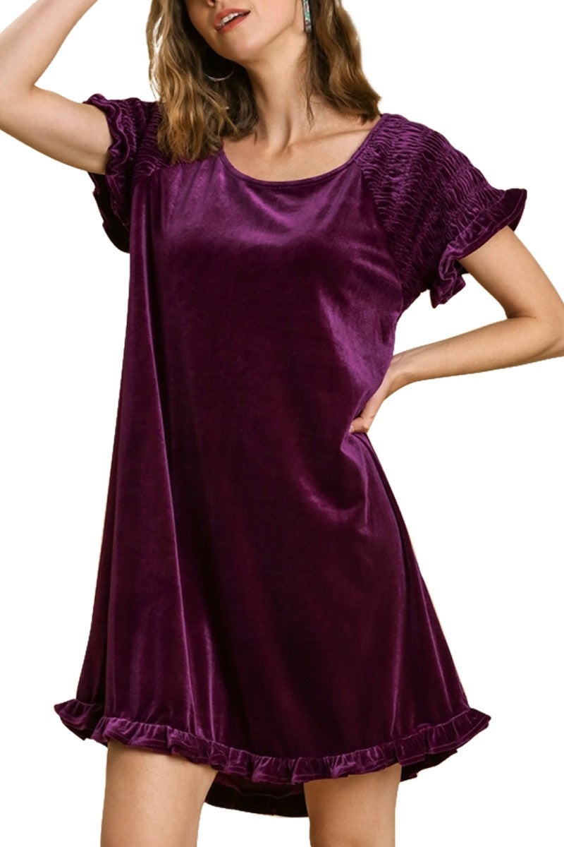Umgee Velvet Short Ruffle Sleeves Round Neck Dress