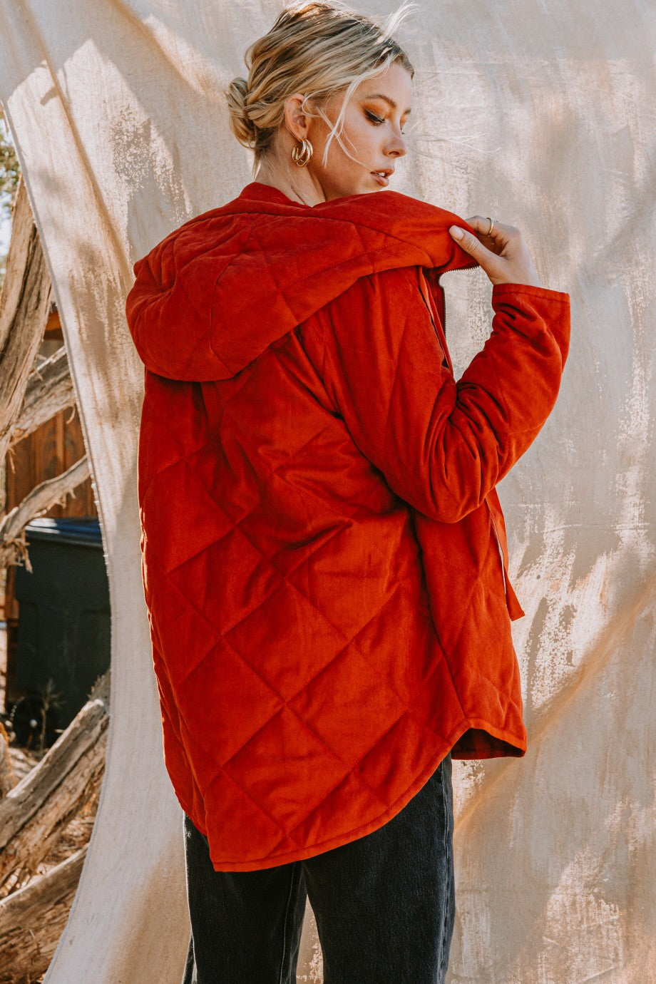 ODDI Quilted Rust Drawstring Zip Jacket With Hood