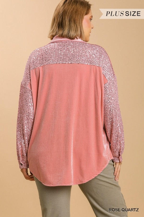 Umgee Rose Velvet Button Down Sequin Sleeves & Pocket