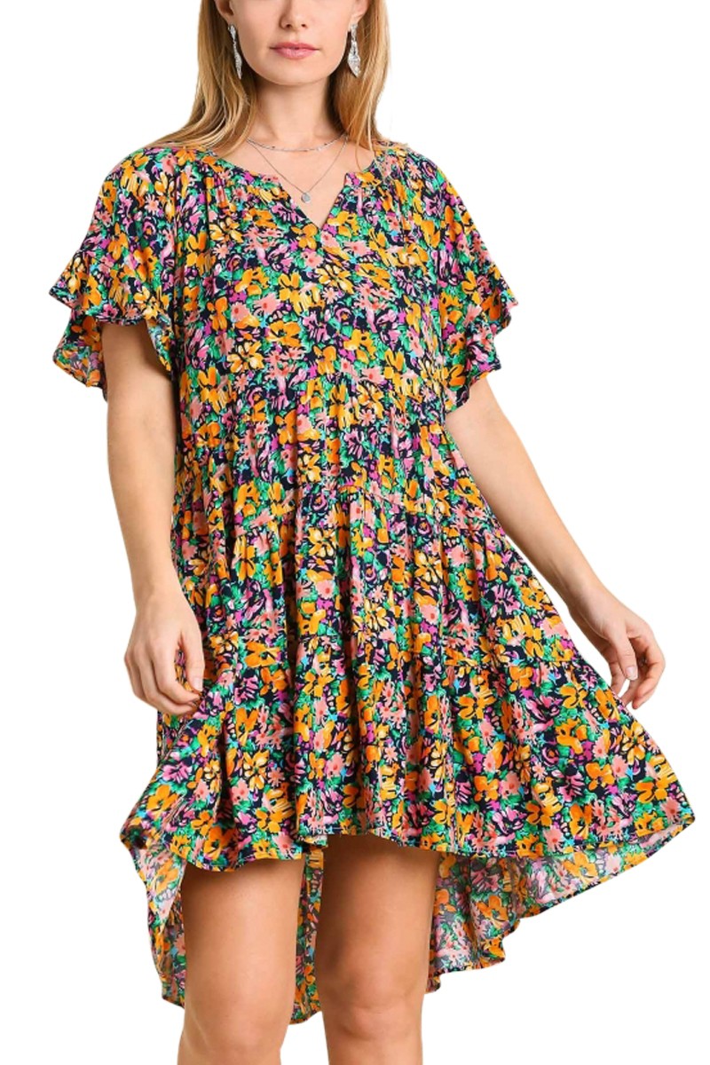 Umgee Floral V-Neck High Low Dress S Umgee Floral V-Neck High Low Dress S